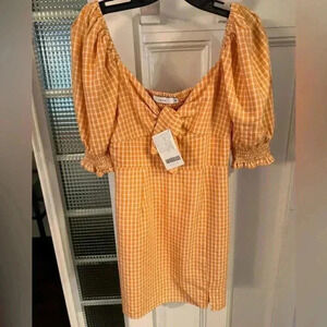 Rolling rack boutique “Lush” mini dress orange & white check tie front size S